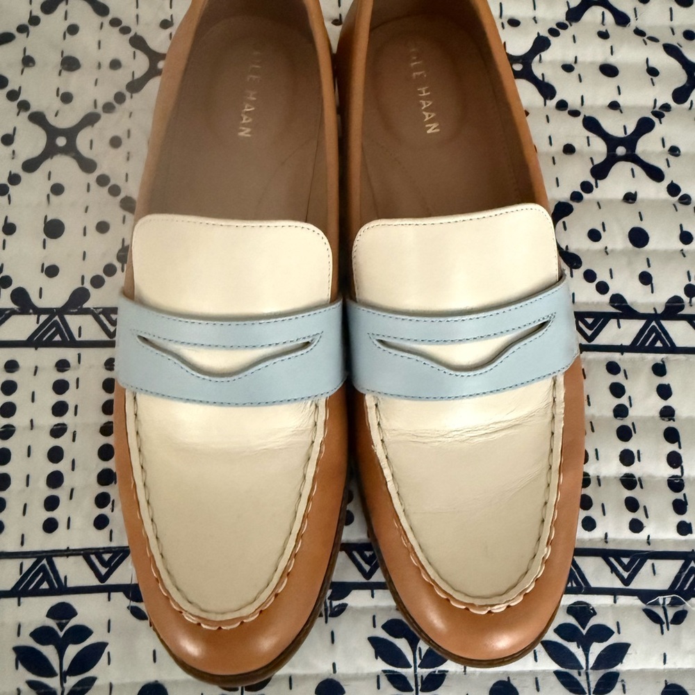 Cole Haan Tan, Cream, and Light Blue Loafers